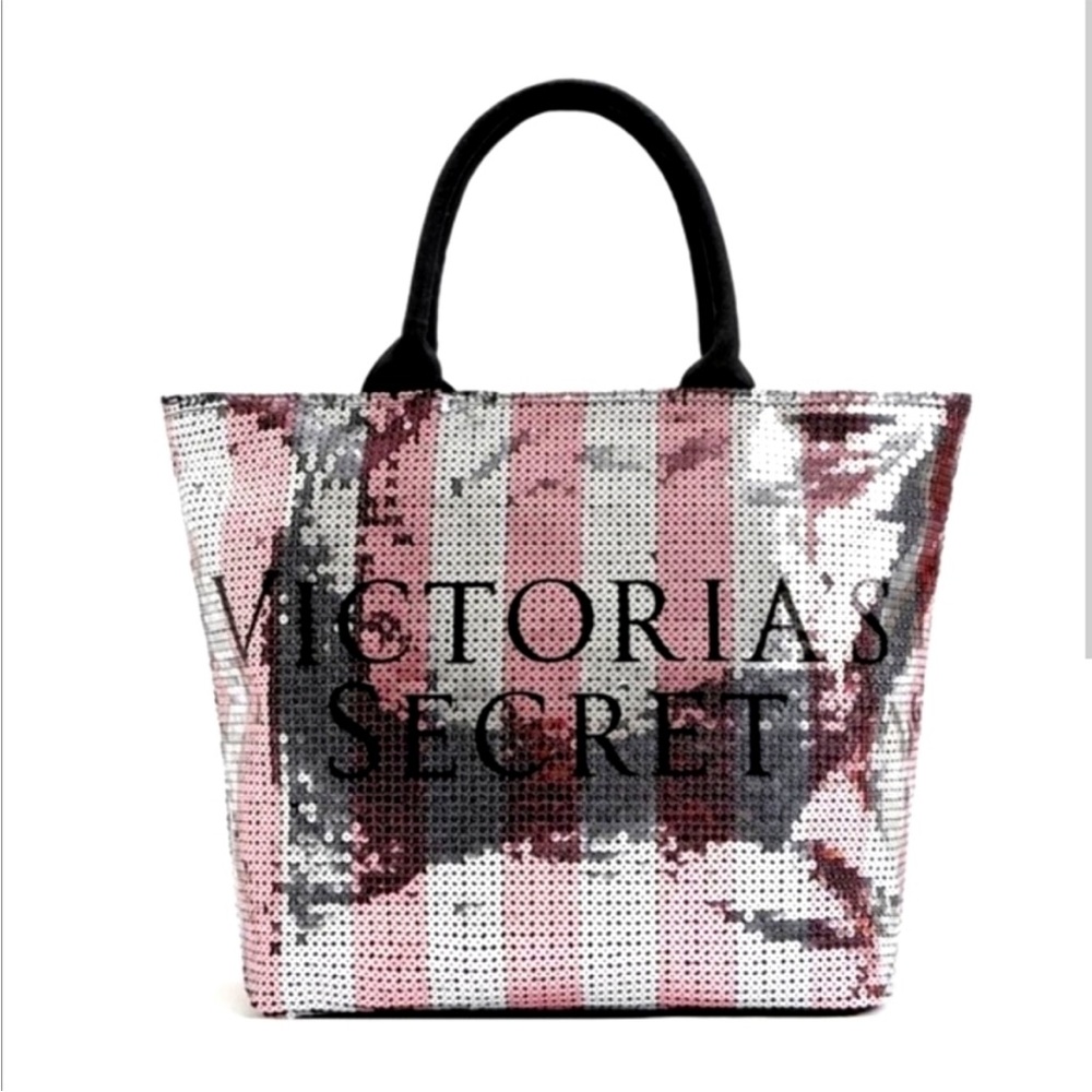 Victoria's Secret Pink and Silver Striped Sequin Tote